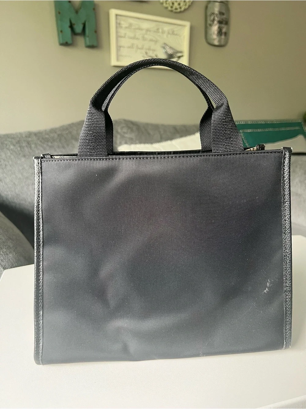 Burberry Black Canvas Tote with Beige Plaid Trim - Handheld Bag